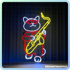 Cat Play Saxophone Neon Sign, Musician Led Sign, Custom Neon Sign, Saxophone Music Club Sign, Party Led Light Wall Art, Kids Zone Decor