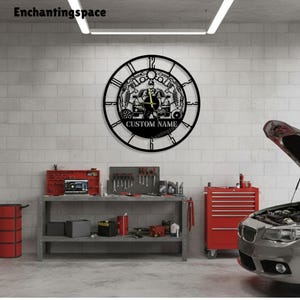 Personalized Mechanic Metal Wall Clock, Custom Name Garage Wall Decor, Industrial Workshop Clock, Meaningful Gift for Dad