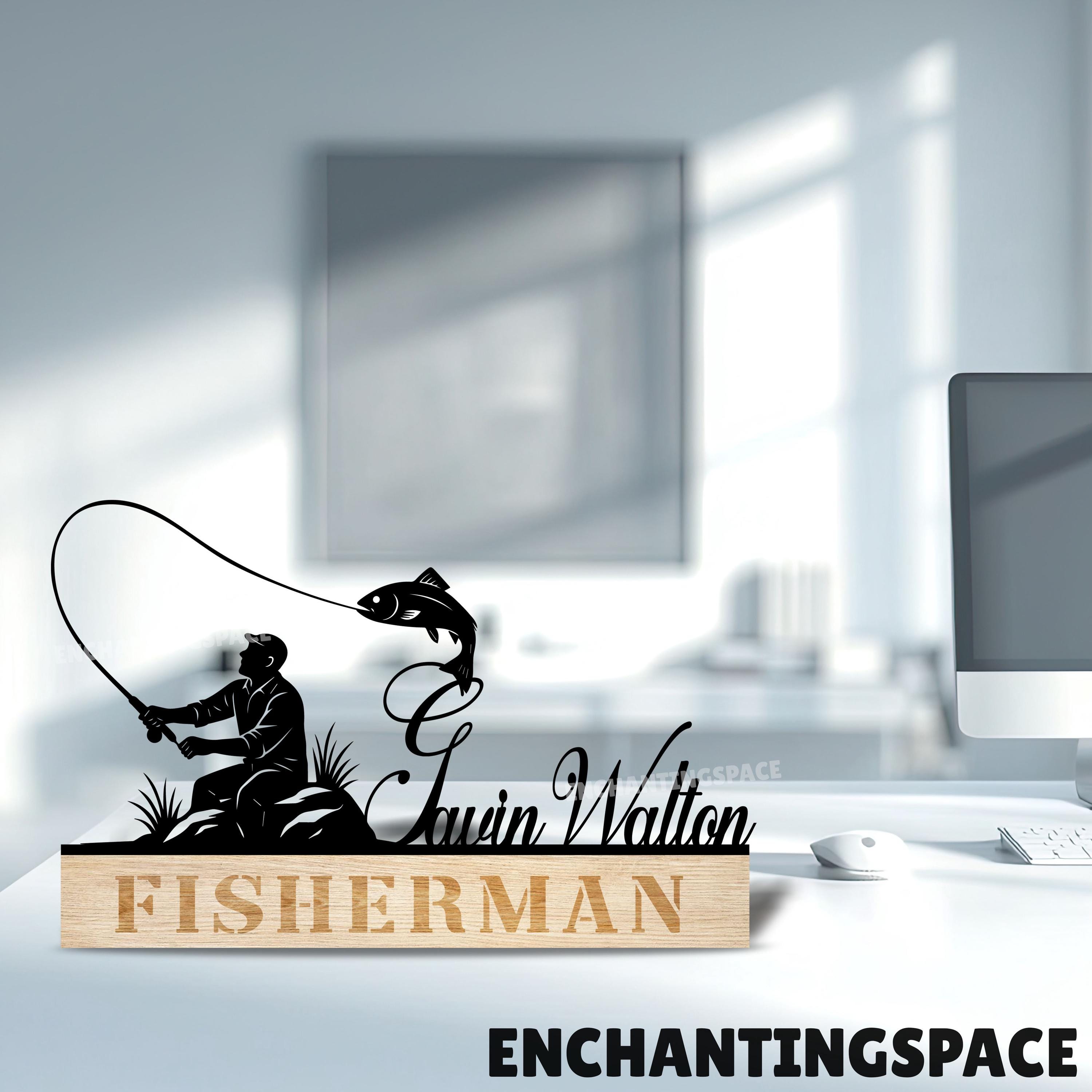 Custom Fisherman Metal Name Plate for Office Desk, Fishing Lover Wooden Desk Name Plate, New Job Gifts, Nameplate with Fisherman Decor