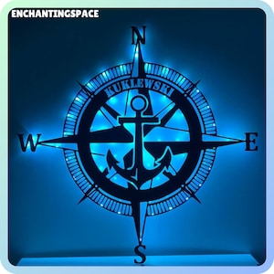Aangepaste metalen muurkunst kompas led-verlichting, gepersonaliseerde woonkamer led-naambordversieringen, kaart kompas metalen led-bord muurkunst