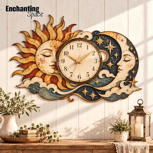Custom Sun And Moon Metal Wall Clock, Celestial Star Decor, Mystic Boho Art