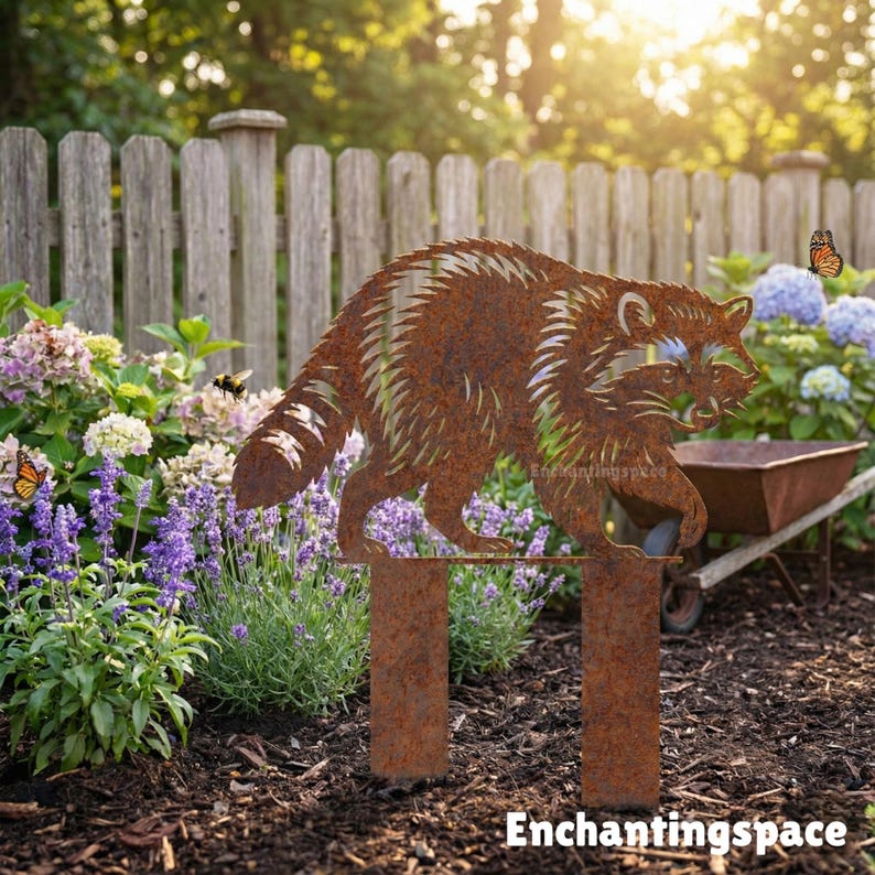 Metal Racoon Panel Custom Raccoon Metal Garden Stake, Personalized Animal Rustic Yard Art ...