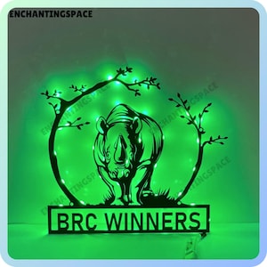 Customized Rhino Metal Wall Art LED Light, Personalized Wild Animal Metal Name Sign, Rhinoceros Metal LED Wall Decor, Rhino Lover's Gift