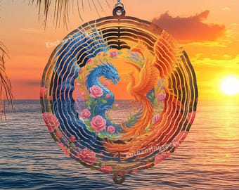 Molinillo de viento de metal personalizado con dragón y fénix, adorno colgante de dragón personalizado para jardín, escultura de fénix, regalo para fanáticos de la fantasía.