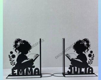 Aangepaste meisjesleesboek metalen boekensteunen, meisjesnaam boekensteun, boekenwurm tafelbord decor, meisjesboekenplankhouder, terug naar school cadeau