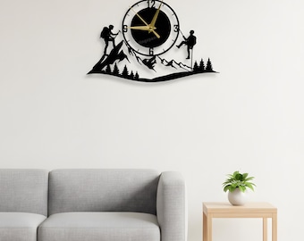 Climbing Metal Wall Clock, Mountain Hiking Wall Art for Office, Living Room or Man Cave Decor