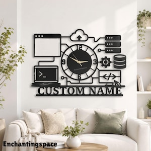 May include: A black wall clock featuring a central circular face with gold hands, surrounded by interconnected tech-themed icons including a cloud, server racks, a gear, and computer screens. The text CUSTOM NAME is displayed at the bottom.