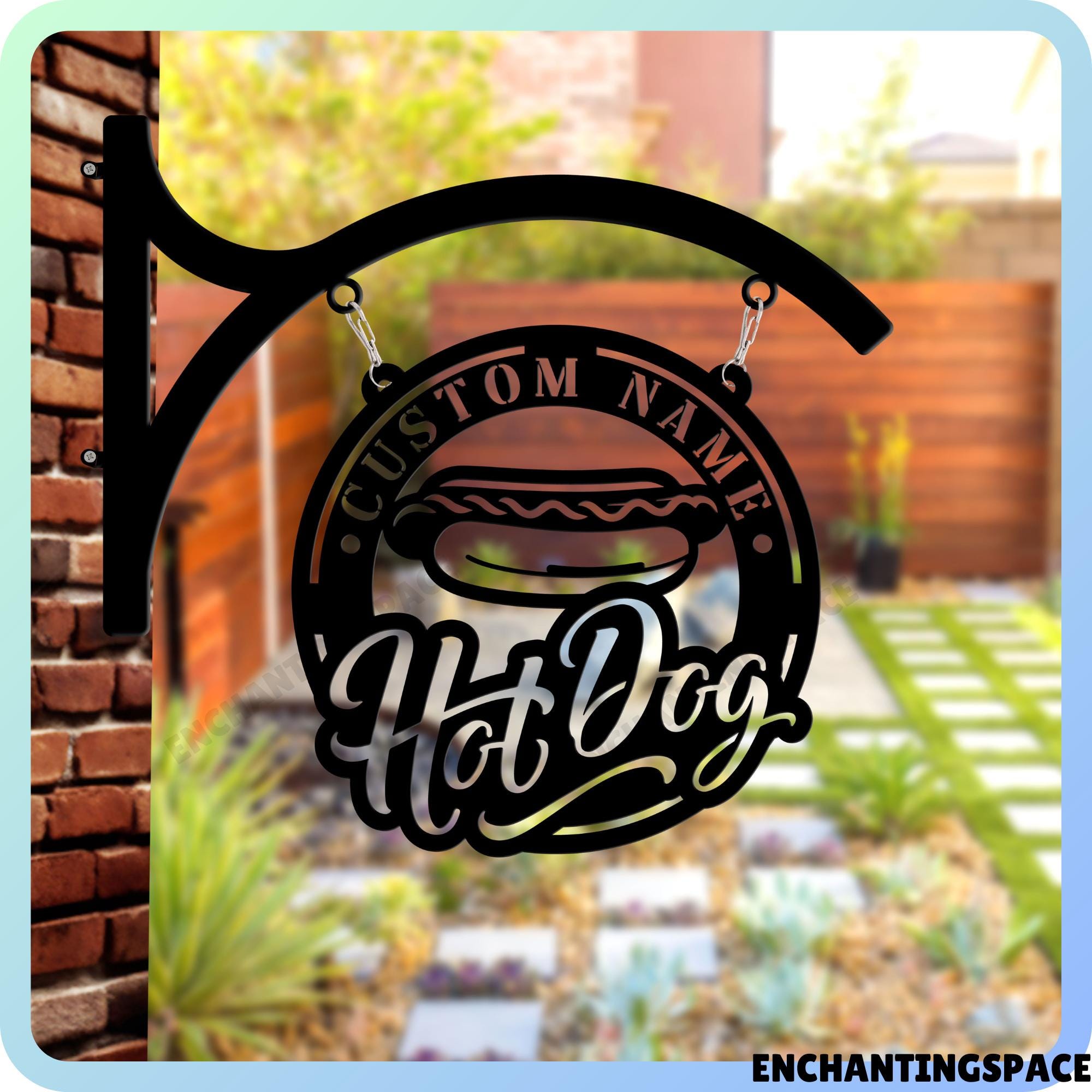 カスタム名ホットドッグストアの金属製吊り下げ看板、店頭用屋外吊り