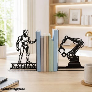 Metalen boekensteunen met robotmotief, cadeau voor robotica-ingenieur, kantoordecoratie voor werktuigbouwkundigen