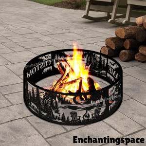 Custom Woodland Scene Metal Campfire Ring, Fire Pit Ring for Campsite Decor, Gift for Camping Lovers or Outdoor Family Gatherings