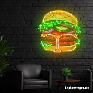 Burger Neon Sign Wall Decor, Fast Food Acrylic Led Light, Cheeseburger Neon Wall Art, Led Sign for Restaurant and Cafe Decor