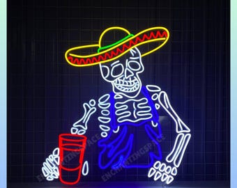 Skeleton With Tequila Neon Sign, Gothic LED Wall Light for Mexican