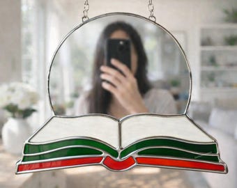 Open Book Stained Glass Hanging Mirror for Study Room Decor, Handcrafted Wall Mirror, Gift for Book Lovers