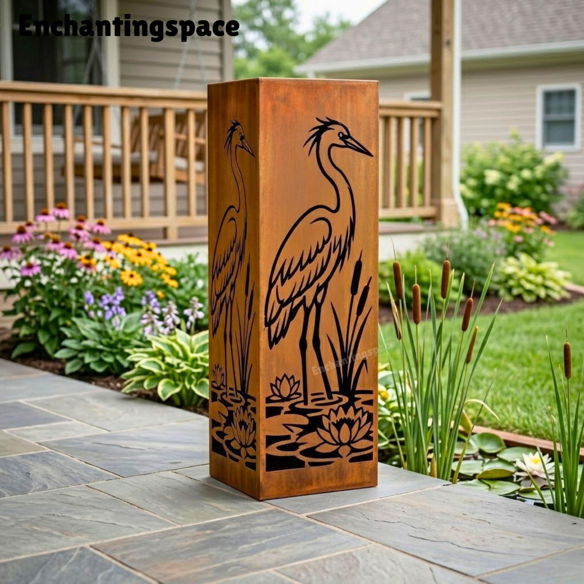 Elegant Heron Silhouette Metal Garden Column, Water Lily Weathered
