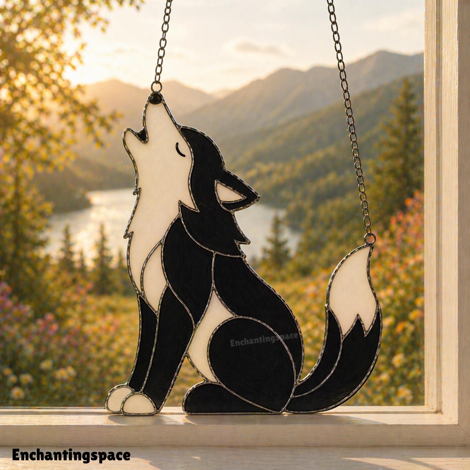 Window Howling Howling Wolf Stained Glass Suncatcher, Forest Animal Window Hanging ...