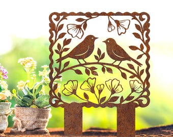 Pieu rouillé en métal de jardin d'oiseaux de fleur personnalisé, art rouillé de cour, cadeau pour le jardinier, décoration de jardin de grand-mère, plaque en métal avec le piquet