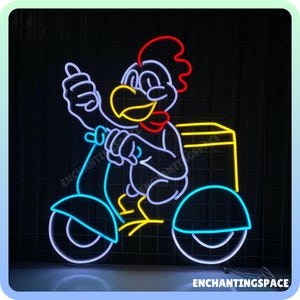 Chicken Ride Motorbike Neon Sign, Fried Chicken Led Light Sign, Fried Fried Chicken Restaurant Light, Rooster Delivery Neon Light Decor