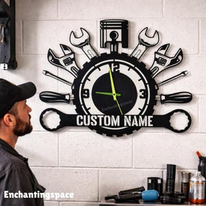 Custom Mechanic Metal Wall Clock, Auto Repair Shop Clock for Technician, Garage Wall Decor, Mechanic Business Gift