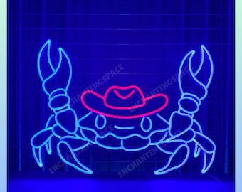 Crab With Hat Neon Sign, Crab Led Light, Custom Sea Animal Neon Light, Marine Food Store Led Sign,  Seafood Restaurant Led Sign Wall Decor