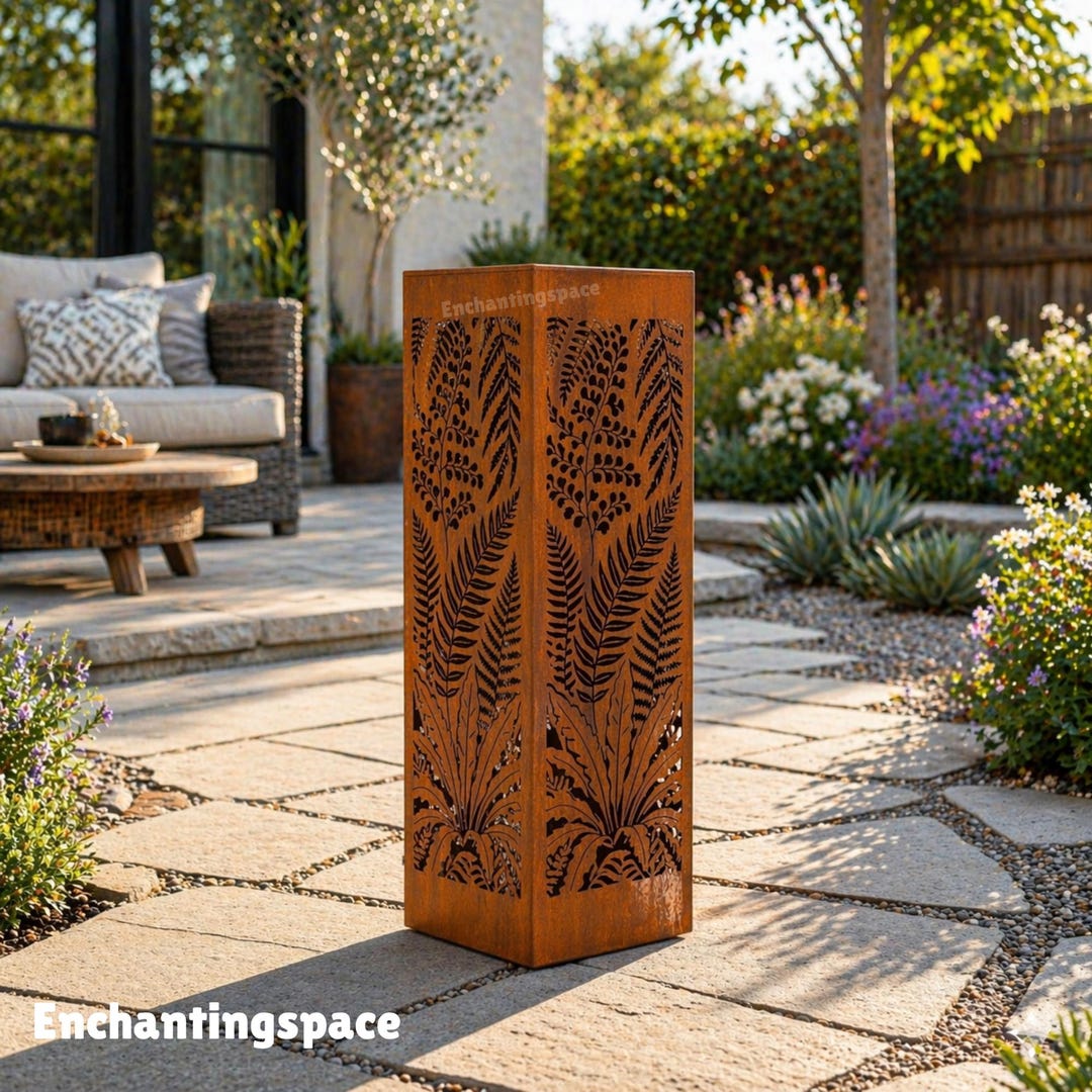 Fern Metal Rusty Garden Column, Botanical Outdoor Decor for Porch or ...