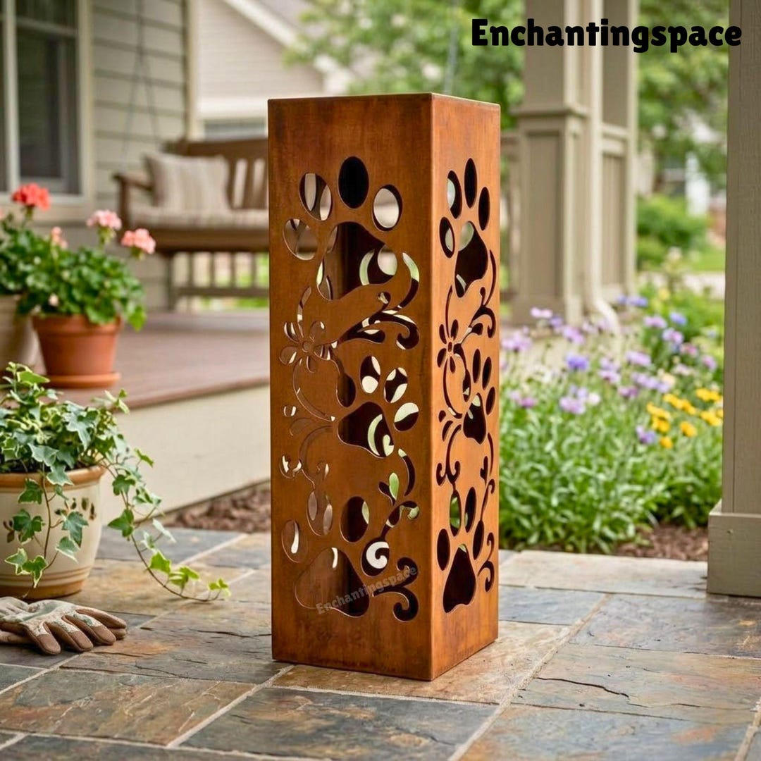 Rusty Metal Dog Paw Garden Column, Weathered Pet Outdoor Yard Sculpture ...
