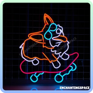 Corgi skateboarding neonbord, Corgi Dog led-licht, hondenhuisdierkamer muurdecoratie, Corgi Led Sign kunst aan de muur, Corgi Skateboarder neonlichtdecor