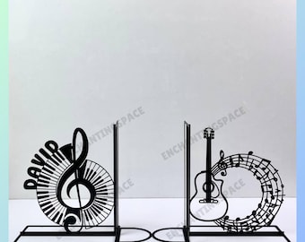 Sujetalibros de metal personalizados con forma de guitarra, sujetalibros con el nombre del pianista, letrero para mesa de música, regalo para amantes de los libros, atril de metal negro para libros con notas musicales.
