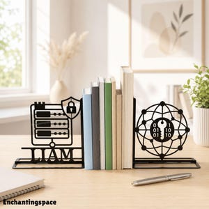 Custom Cybersecurity Metal Bookends, IT Network Security Book Holder for Office Decor