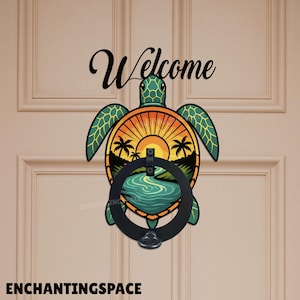 May include: A decorative door knocker featuring a sea turtle design with a sunset scene. The knocker has a black ring and a welcome sign above. The text "ENCHANTINGSPACE" is at the bottom.