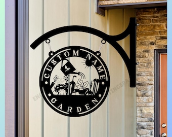 Customize Name Garden Metal Hanging Sign, Hanging Sign for Garden Storefronts, Vegetable Garden Outdoor Blade Sign Wall Hanging Sign