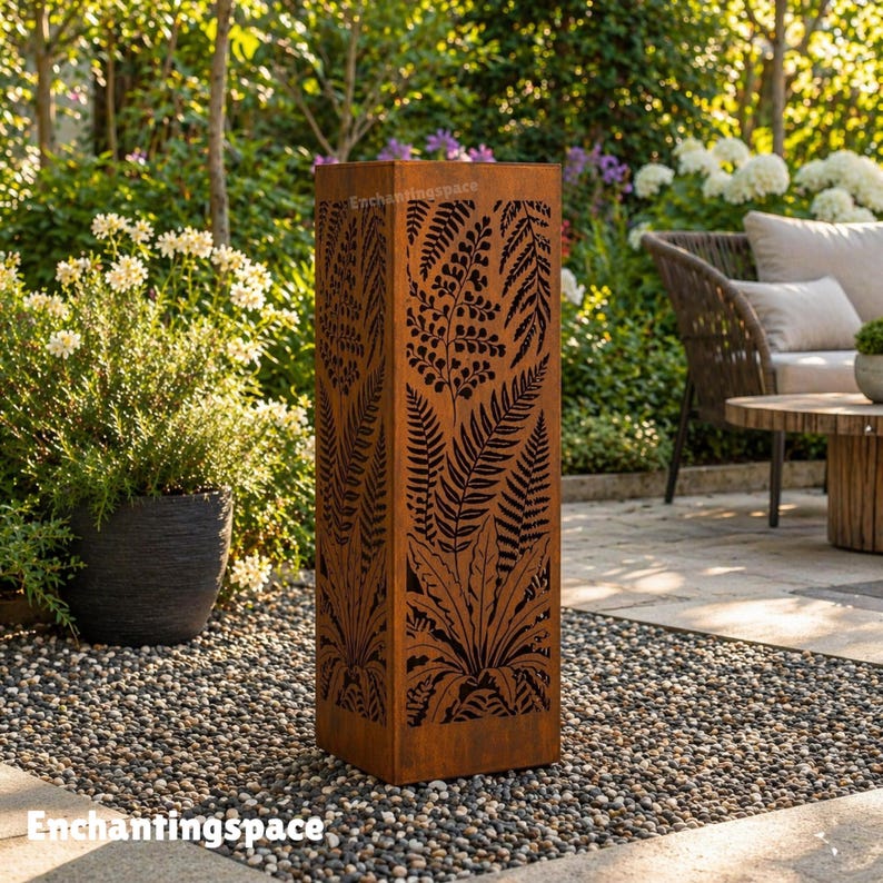 Fern Metal Rusty Garden Column, Botanical Outdoor Decor for Porch or ...