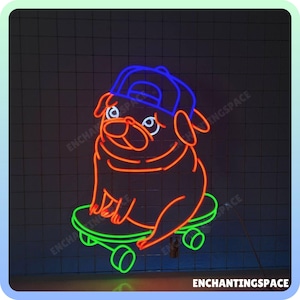 Neonreclame mopshond skateboarden, aangepaste mopshond led-verlichting, muurdecoratie hond huisdierkamer, mopshond led-bord kunst aan de muur, skateboard speler oplichten