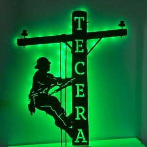 Customized US Lineman Metal Wall Art LED Light, Personalized Lineman Name Sign Decoration, Lineman Metal LED Decor, Unique Gifts for Dad