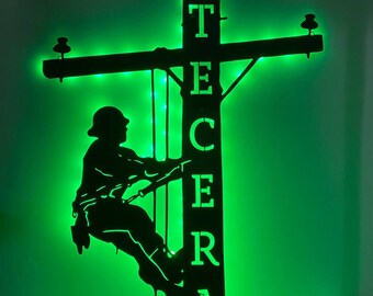 Luce LED personalizzata per arte della parete in metallo Lineman americano, Decorazione personalizzata del cartello con il nome del Lineman, Decorazione LED in metallo per Lineman, Regali unici per papà