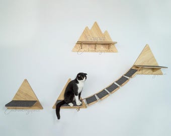 Custom Cat Wooden Climbing Wall Shelf, Set Wooden Cat Wall Furniture With Bridge Cat Steps, Cat Shelve for Wall, Modern Cat Plays Furniture