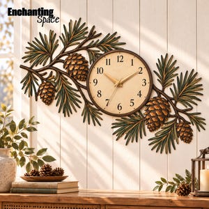 Custom Pine Cone Metal Wall Clock, Branch Decor, Rustic Forest Art