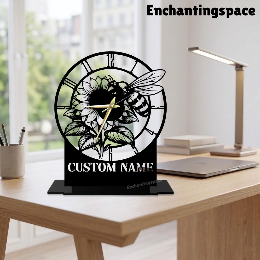 Bee Ess Clock Personalized Bee Metal Table Clock, Custom Sunflower Office Desk Decor ...