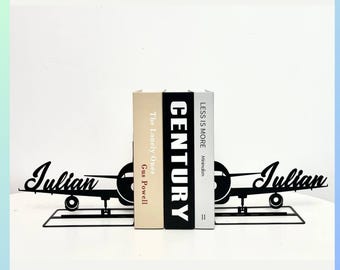 Customized Airplane Metal Bookends, Airplane Name Bookend, Pilot Table Sign, Bookshelf Decor, Book Lover Gift, Book Stand Black Metal