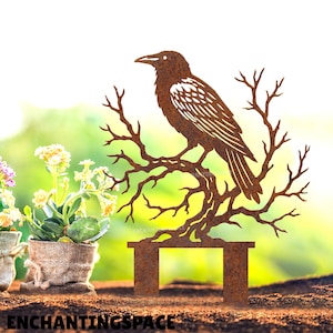 Jardin rustique personnalisé avec piquet en métal rouillé corbeau, art de jardin en métal corbeau, décoration de jardin de grand-père, décoration extérieure, cadeau pour les amateurs de corbeau