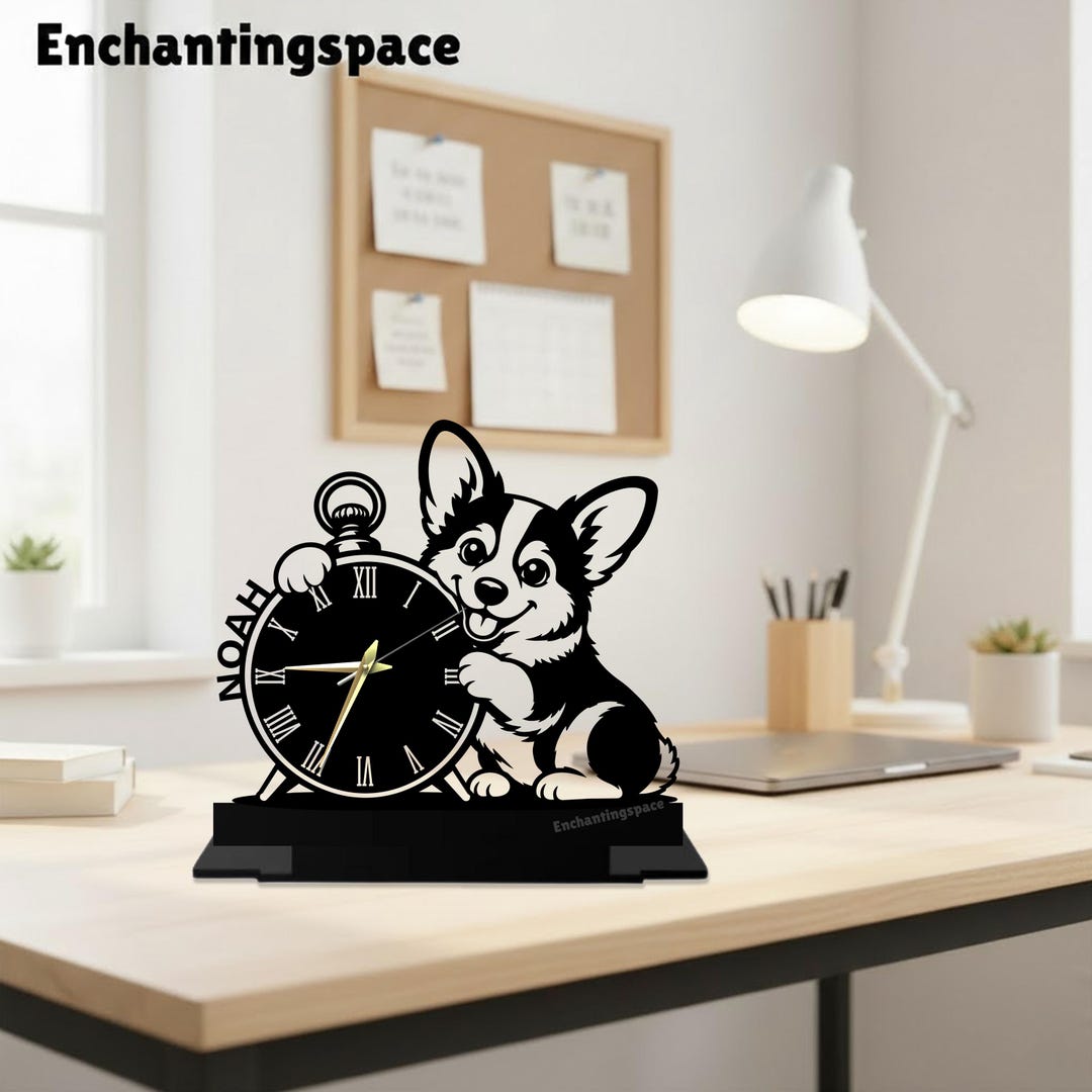 Customized Corgi Dog Metal Desk Clock, Pet Silhouette Table Accessory ...