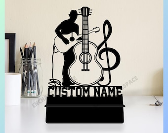 Soporte de teléfono de metal personalizado para guitarrista, soporte de teléfono para guitarrista, soporte de teléfono con nombre de artista de guitarra para escritorio, soporte de escritorio para teléfono celular de metal para artista