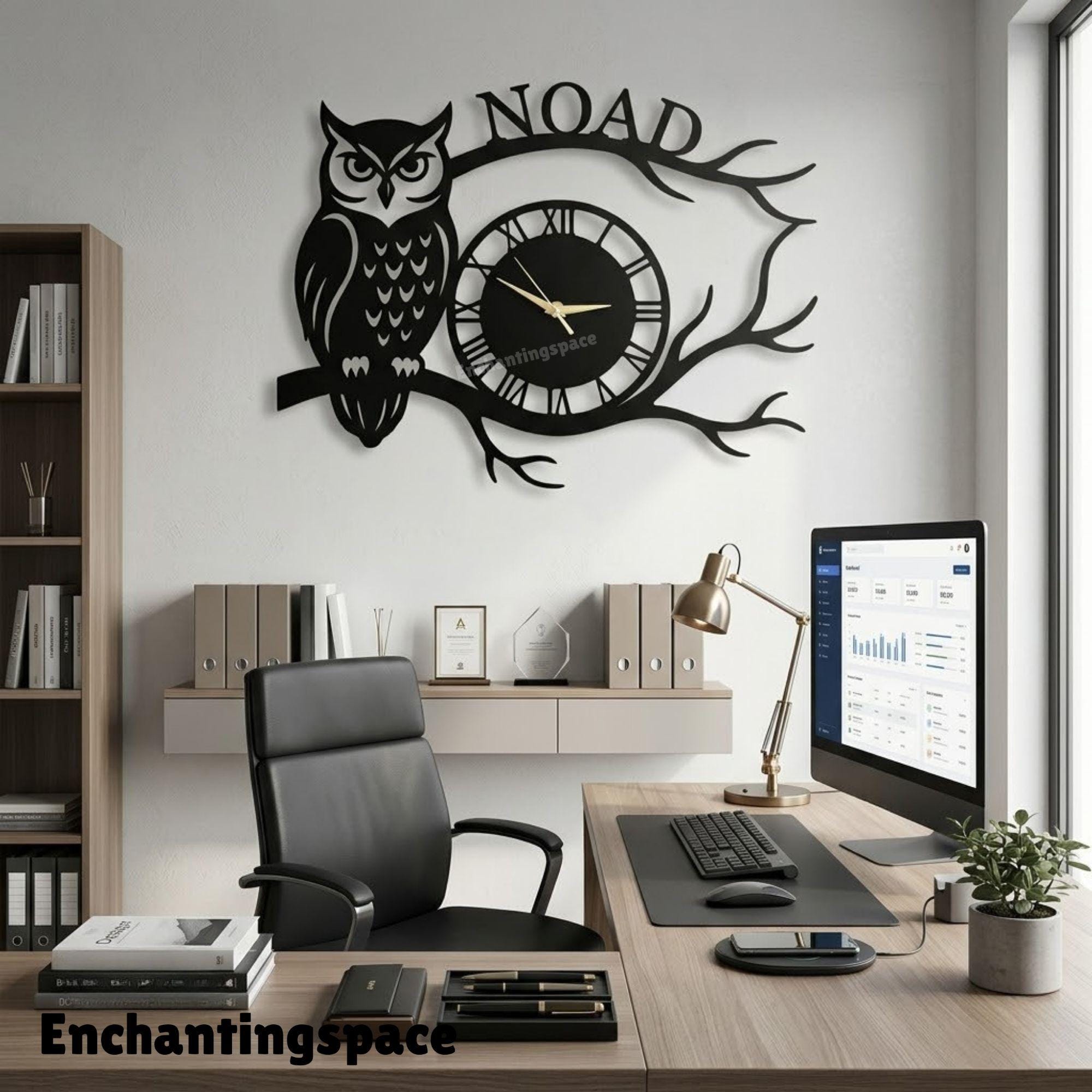 Personalized Owl Bird Metal Clock, Modern Workspace Decor, Black Steel Art Gift