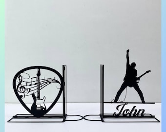 Sujetalibros de metal personalizados con forma de guitarra eléctrica, sujetalibros con el nombre de un guitarrista de rock, letrero para mesa de música, regalo para amantes de los libros, soporte para libros de metal negro.