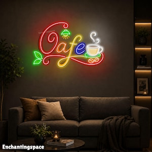 Letreiro de néon para café, arte de parede em LED com xícara e grãos de café para cafeteria, decoração de cozinha para amantes de café.