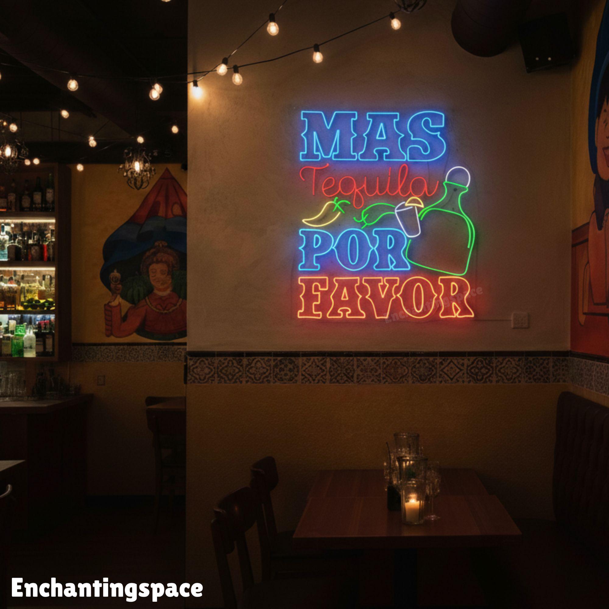 Mas Tequila Por Favor Neon Sign, Mexican Cocktail Bar Light Up
