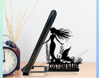 Soporte de escritorio para teléfono celular de metal con diseño de sirena personalizado, soporte para teléfono de metal con diseño de princesa sirena, soporte para tableta con nombre de sirena, soporte para teléfono celular con diseño de sirena