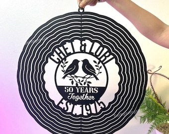 Personalized 50th Wedding Anniversary Metal Wind Spinner, Custom Lovebirds Garden Decor, Hanging Spinner Yard Art, Anniversary Gift