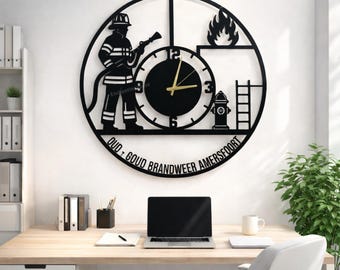 Gepersonaliseerde metalen wandklok brandweerman voor woonkamerinrichting, muurbord brandweerkazerne, cadeau voor brandweerman