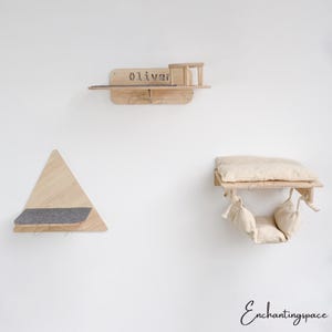 Custom Wood Cat Wall Furniture, Set Cat Wall Shelves With Cat Bed Cat Step Shelf with 2 Bowls, Modern Wooden Wall Mounted, Cat Pet House