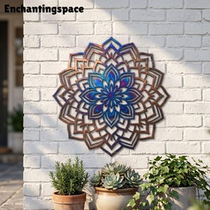 May include: A circular metal wall art piece featuring a complex, layered mandala design. The center displays vibrant shades of blue and purple, transitioning into metallic bronze and copper tones toward the outer edges. The text Enchantingspace is visible.